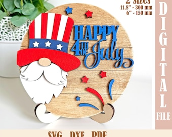 Happy 4th of July Gnome Sign SVG, Patriotic Tiered Tray Decor Laser Cut Files, Round Door SVG, Independence Day Decor, Patriotic shelf decor