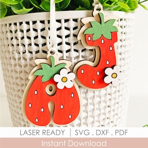 Etiquetas con letras de fresa SVG, archivo láser, alfabeto de verano de fresas y margaritas, recuerdo de fiesta de cumpleaños con dulces frutos rojos