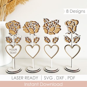 Rosa personalizada con nombre y corazón en formato SVG, soporte de madera con forma de flor para mamá (archivo láser)