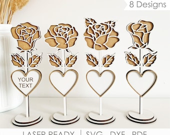 Personalized Name Rose with Heart SVG, Stand Wooden Flower for Mom Laser File