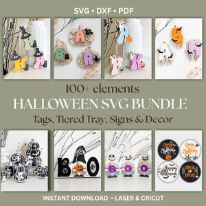 Może przedstawiać: Pakiet SVG na Halloween z różnymi elementami dekoracyjnymi. Obraz przedstawia drewniane etykiety, projekty warstwowych tac i znaki o upiornych motywach. Projekty obejmują dynie, duchy i tekst "BOO". Pakiet zawiera tekst "100+ elementów" i "NATYCHMIASTOWE POBIERANIE".
