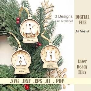 Kerst eerste sneeuwbol SVG-bundel, set van 3 kerst alfabet Snowglobe ornamenten lasergesneden bestand kerst monogram digitale Glowforge
