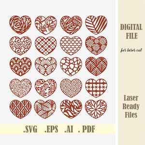 Heart SVG set of 20 Hearts Valentines SVG, Valentine&#39;s Day Laser Cut, Wedding Hearts SVG Files, Glowforge Cricut Heart Coasters svg