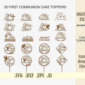 20 Erstkommunion Cake Toppers SVG Gott segne Tortenstecker Laser Cut Files, Taufe Topper Digital Download Glowforge Heilige Kommunion