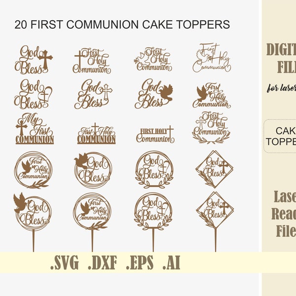 20 pierwsza komunia ciasto toppers SVG niech Bóg błogosławi ciasto topper pliki wycinane laserowo, topper chrztu Digital Download Glowforge komunia święta