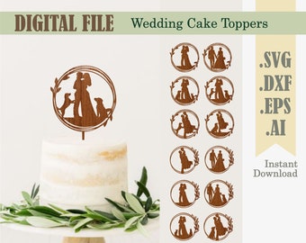 May include: A set of 8 wedding cake toppers featuring a couple with two dogs. The toppers are available in SVG, DXF, EPS, and AI file formats. Instant download.