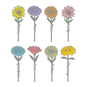 May include: Eight colorful flower illustrations with different names for mothers, such as "Mama", "Mum", "Mom", "Grandma", "Love", "Mother", "Mummy", and "Lovely".