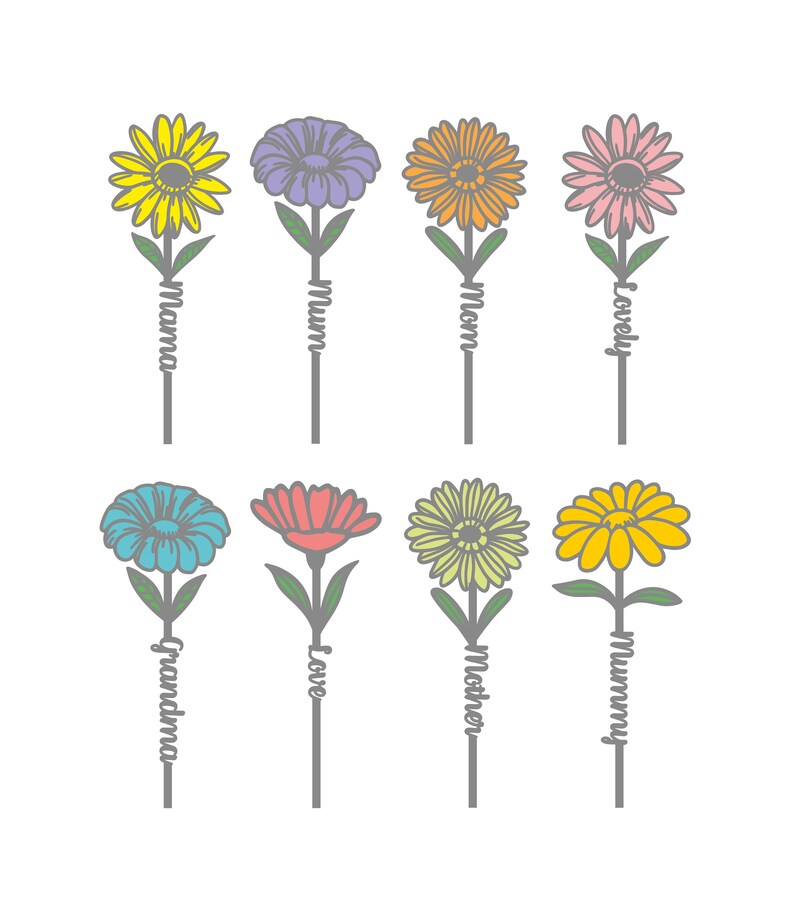 May include: Eight colorful flower illustrations with different names for mothers, such as "Mama", "Mum", "Mom", "Grandma", "Love", "Mother", "Mummy", and "Lovely".