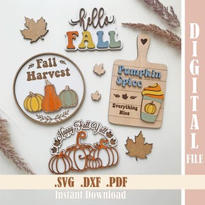 Autumn Tier Tray SVG Bundle, Hello Fall Sign SVG, Pumpkin Spice, Fall Harvest Round, Happy Fall Y&#39;all, Laser Cut Files for Glowforge xTool