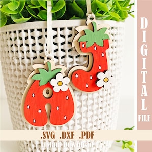 Etiquetas con letras de fresa SVG, archivo cortado con láser, alfabeto de fresas y margaritas de verano, etiqueta de recuerdo de fiesta de cumpleaños de bayas para niñas, descarga digital