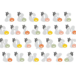 May include: A complete set of twenty-six alphabet letters from A to Z, each rendered in a light gray, rounded font. Every letter is decorated with a small, dark gray ghost perched on the top and a colorful jack-o'-lantern pumpkin at the base.
