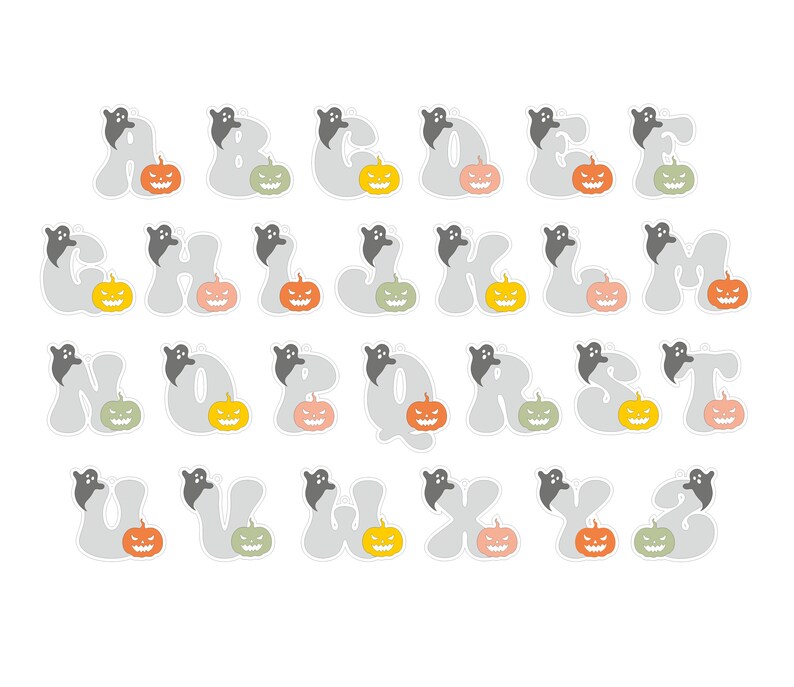 May include: A complete set of twenty-six alphabet letters from A to Z, each rendered in a light gray, rounded font. Every letter is decorated with a small, dark gray ghost perched on the top and a colorful jack-o'-lantern pumpkin at the base.