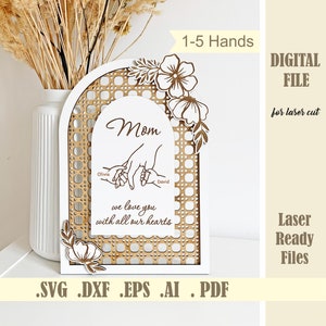SVG moeder en baby's handen met bloemen Lasergesneden bestand, 1-5 handen Moederdag SVG bundel, aangepaste naam Hand Kid Moederdag digitale download