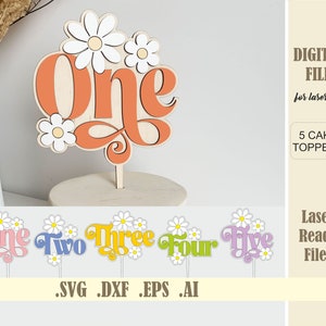 Laser geschnittene Dateien Groovy Cake Toppers Daisy Erster Geburtstag SVG, DXF, DWG, Ai, Glowforge digitaler Download, Datei zum Laserschneiden