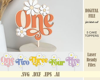Laserskärningsfiler Groovy tårtdekorationer Daisy första födelsedag SVG, DXF, DWG, Ai, Glowforge digital nedladdning, fil för laserskärning