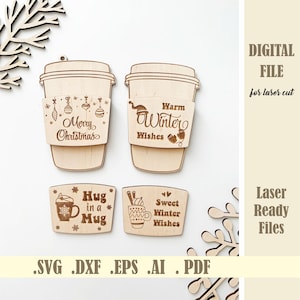 Portatarjetas de regalo de Navidad SVG, archivo cortado con láser de adorno navideño, portatarjetas de regalo de café navideño, descarga digital de regalos para maestros