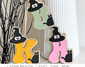 Halloween Alphabet Tag SVG, Full Letter Set with Witch Hat Black Cat, Laser Cut File for Glowforge, Initial Boo Basket Tags Digital Download