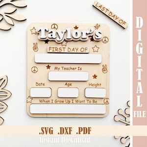 First & Last Day of School Sign SVG, Editable Laser Cut File for Glowforge, Back to School Board with Custom Name, Peace Sign Boho Style