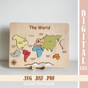 Weltkarte Puzzle SVG, Laser geschnitten Datei für Kinder Lernen, Montessori Geographie Spielzeug, Kinderzimmer Dekor Glowforge & xTool, digitaler Download
