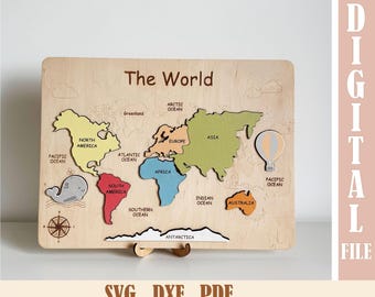 Puzzle con mappa del mondo in formato SVG, file tagliato al laser per l'apprendimento dei bambini, giocattolo di geografia Montessori, decorazione per la cameretta dei bambini, Glowforge e xTool, download digitale