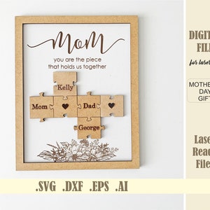 Mothers Day Puzzle SVG Laser Mom Puzzle Sign Cut File Glowforge Digital Download Engraved Mother’s day gift from Kids Husband