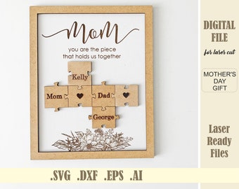 Mothers Day Puzzle SVG Laser Mom Puzzle Sign Cut File Glowforge Digital Download Engraved Mother’s day gift from Kids Husband