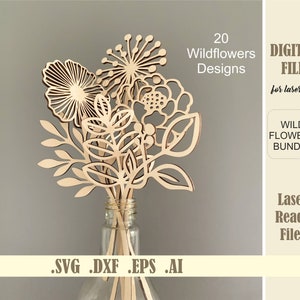 Wildblumen SVG Bundle, Laser geschnitten Glowforge Cricut digitale Download-Dateien, Vektor-Wildblumen Blumenstrauß für Mama Holz Florals Muttertagsgeschenk