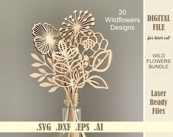 Wildflowers SVG bundel, Laser Cut Glowforge Cricut digitale downloadbestanden, vector wilde bloemen boeket voor moeder hout Florals Moederdag cadeau