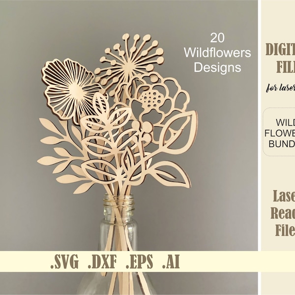 Bundle de fleurs sauvages SVG, fichiers de téléchargement numérique Cricut Glowforge découpé au Laser, bouquet de fleurs sauvages de vecteur pour cadeau de fête des mères fleurs en bois bois