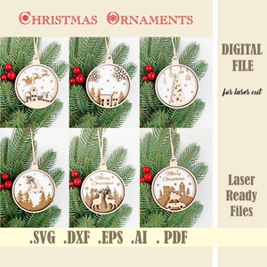 Pacote SVG de enfeites de Natal, conjunto de bolas de Natal, arquivo decorativo de corte a laser para família de Natal, decoração de Natal digital Glowforge
