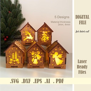 Pacchetto SVG Portacandele Case di Natale, Set di 5 Ornamenti per Case del Villaggio di Natale File tagliato al laser, Lanterna Lampada da tavolo Tea Light Download