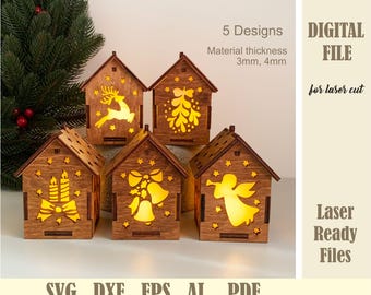 SVG Bundle Christmas Houses Candle Holders, Set of 5 Christmas Village House Ornaments Laser Cut file, Lantern Table lamp Tea Light Download