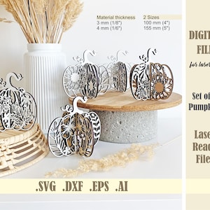 Set mit 5 Floralen Kürbissen SVG, 3D stehende Kürbisse, Herbst-Svg-Dateien Laser-Schnitt, Halloween-Dekorvorlage, Thanksgiving-Svg, digitaler Download