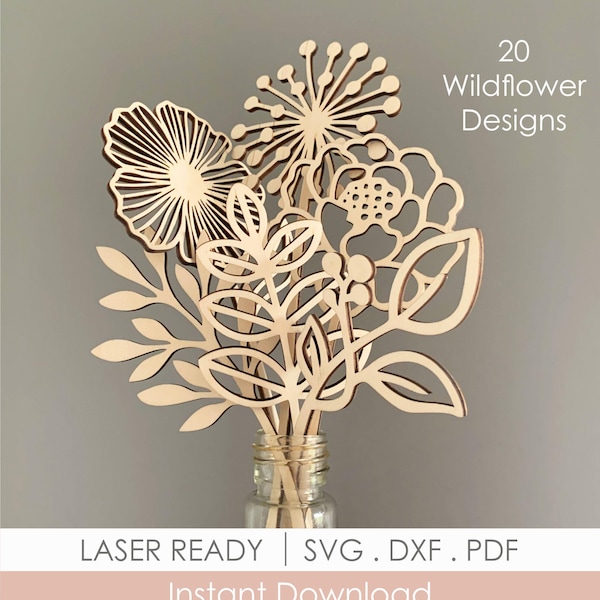 Wildflowers SVG Bundle Laser Cut File, Wood Florals Mothers day gift, 20 Designs