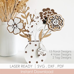 野の花束と花瓶のSVGバンドル、母の日の花柄ギフトレーザーカットファイル