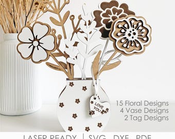 Wildflowers Bouquet and Vase SVG Bundle, Floral Mothers Day Gift Laser Cut Files
