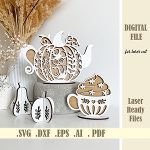 Floral Kürbis Teekanne mit Tasse SVG, Pumpkin Spice, 3D Halloween stehende Kürbisse Laser geschnitten Datei, Herbst Dekor, Thanksgiving Glowforge Cricut