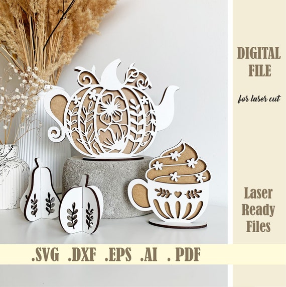 Floral Pumpkin Teapot with Cup SVG, Pumpkin Spice, 3D Halloween Standing Pumpkins Laser cut file, Fall decor, Thanksgiving Glowforge Cricut