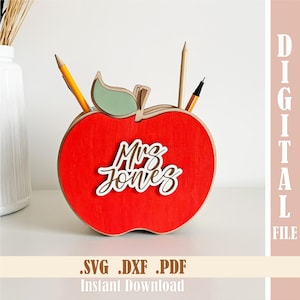 Soporte para Apple Pencil para profesor SVG, regalo personalizado de agradecimiento para profesor, organizador de escritorio con archivo cortado con láser, caja personalizada con nombre para profesor