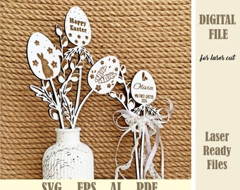 Floral Easter Eggs SVG, Easter Basket Tags Laser Cut File, Happy Easter Cake Topper, My First Easter tag, Easter flowers Digital Download