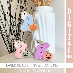Etichette con lettere di Halloween in formato SVG, decorazioni con iniziali di fantasmi e zucche, etichetta per cestino Boo, graziose lettere dell'alfabeto autunnale tagliate al laser per Glowforge, Cricut