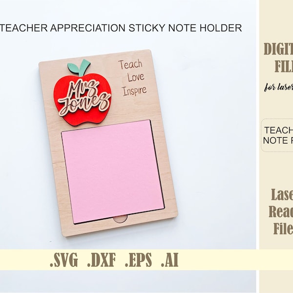 Teacher Appreciation Sticky Note Pad SVG, Laser cut files DXF, DWG, Ai, Teachers Gift Notepad Holder Digital Download