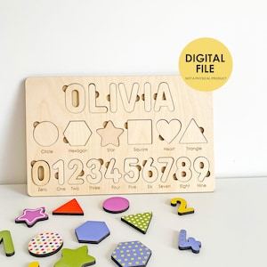 May include: Wooden puzzle board featuring the name "OLIVIA" and cutouts for shapes and numbers. Includes colourful shape pieces and number pieces from zero to nine. The text "DIGITAL FILE NOT A PHYSICAL PRODUCT" is also visible.