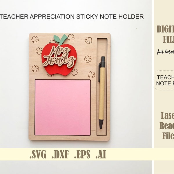 Leraar waardering cadeau Lasergesneden bestanden Sticky Note Pad SVG, DXF, DWG, Ai, cadeau voor leraren Kladblok houder digitale download