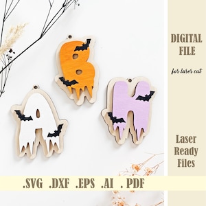Halloween vleermuis eerste tags SVG, Halloween monogram, Boo mand alfabet tag lasergesneden bestand, pompoen letters Glowforge Cricut bestanden