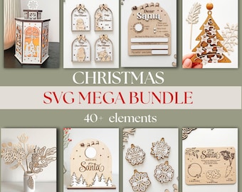 May include: A collection of laser-cut Christmas-themed SVG files. The image showcases various designs, including ornaments, a lantern, a Dear Santa board, and a Christmas tree. The text "CHRISTMAS SVG MEGA BUNDLE" is prominently displayed, along with "40+ elements."