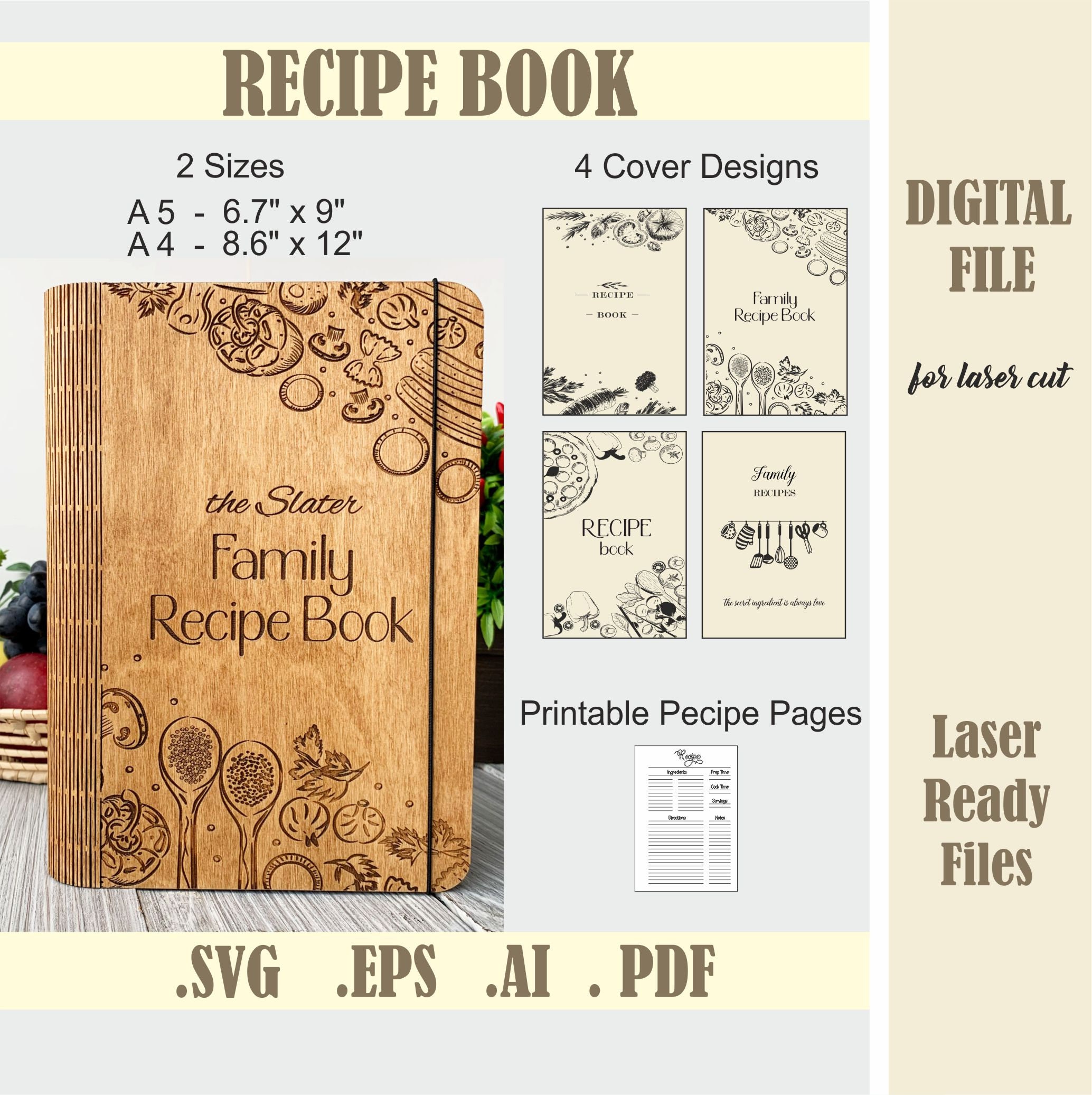 Wooden design cover blank recipe book by Menu, Family