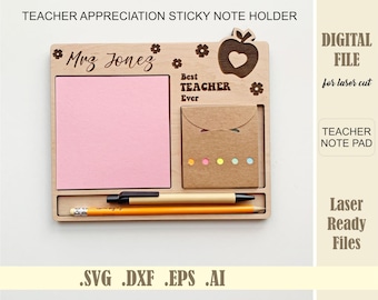 Teacher Appreciation Sticky Note Holder Laser cut files SVG, DXF, DWG, Ai, Teacher Gift Sticky Note Pad Glowforge Digital Download