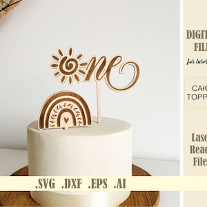 One Cake Topper SVG, Sun Cake Topper Laser Cut file, Rainbow 1st birthday cake decoration, Glowforge Digital Download laser cutting Cricut