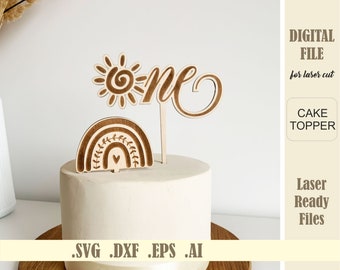 One Cake Topper SVG, Sun Cake Topper Laser Cut file, Rainbow 1st birthday cake decoration, Glowforge Digital Download laser cutting Cricut